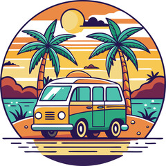 Travel summer t-shirt design with scenic van, beach road, and palm trees