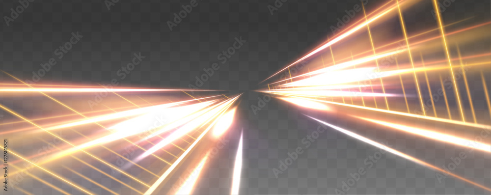 Poster Speed lights motion background, cityscape and rail track in tokyo from speed train. Magic sparkling trails of comet. Luminous lines on transparent background.	