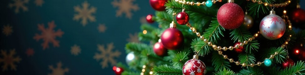 Fototapeta premium Decorated Christmas tree with multicolored ornaments and snowflakes, garlands, colored balls