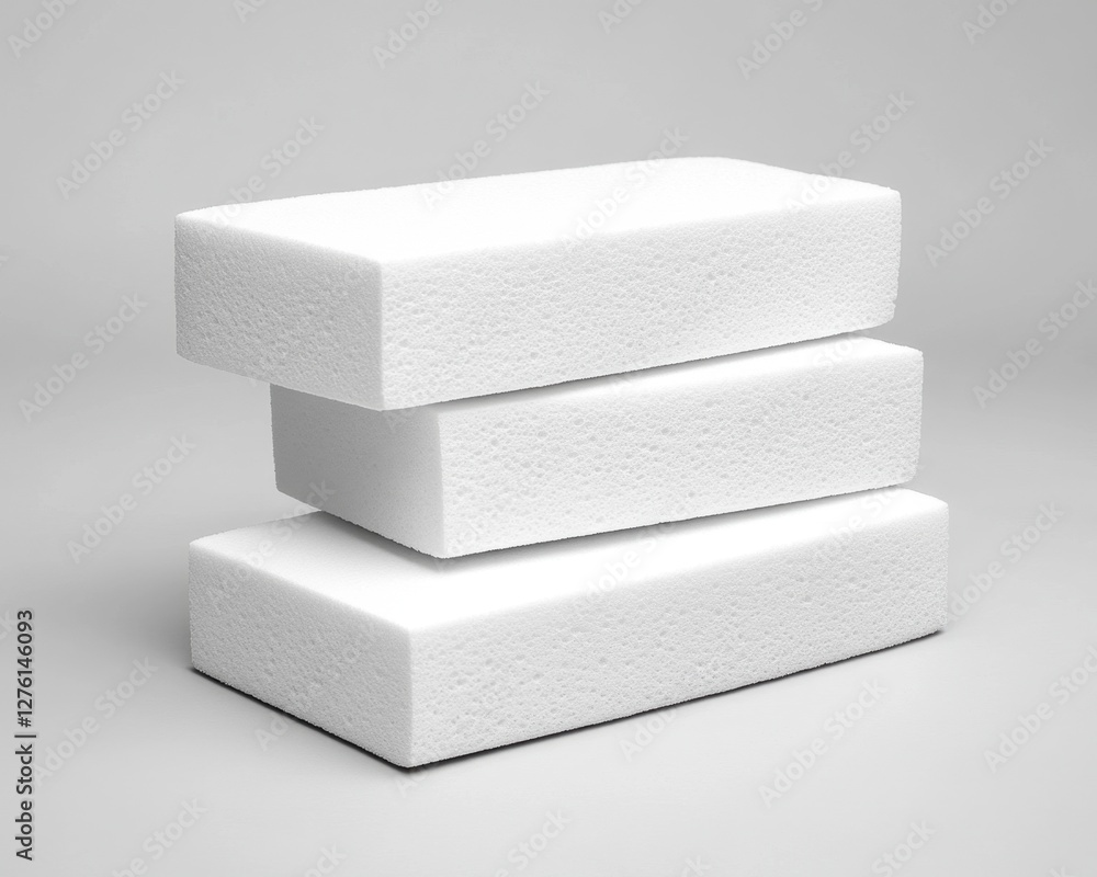 Poster three white rectangular porous blocks stacked on a light gray background. the texture is slightly gr