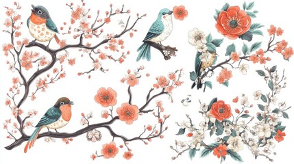 Fototapeta premium Decorative Cherry Blossoms with Birds, Asian Inspired Design, Printable Art, Print