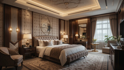 Luxurious Hotel Suite with Quilted Padded Walls and Elegant Diamond Stitching, Soft Lighting for a Lavish Feel