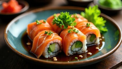 Deep plate filled with salmon salad topped with maki rolls and wasabi, soy sauce, maki rolls, daikon radish