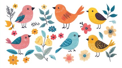 Cute birds and flowers illustration set, for children's design, or print