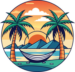 Relaxed beach scene t-shirt design with hammock between palm trees