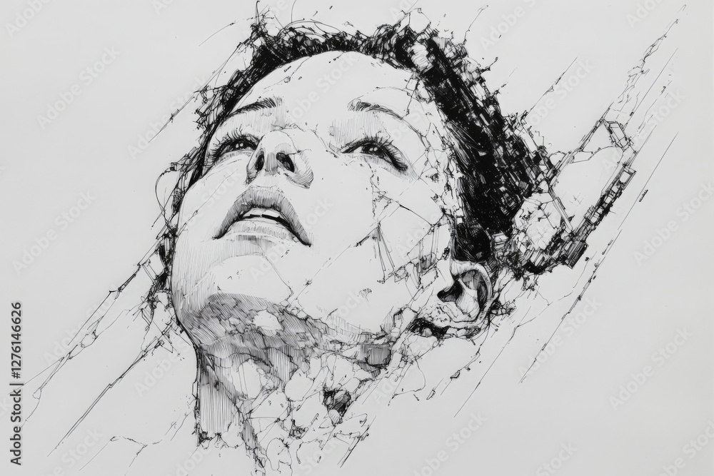 Poster artistic portrayal of a woman's face breaking free from abstract structures in a creative black and 