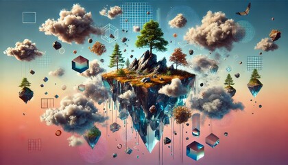Concept of islands made of transparent glass floating in the sky each holding a small piece of nature.