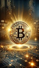 Golden Bitcoin symbol glowing against a futuristic digital background symbolizing cryptocurrency innovation.