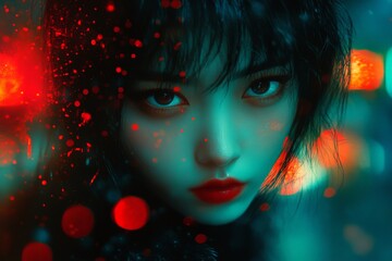 Stunning close-up of a young woman with captivating eyes in a vibrant, colorful urban setting at night