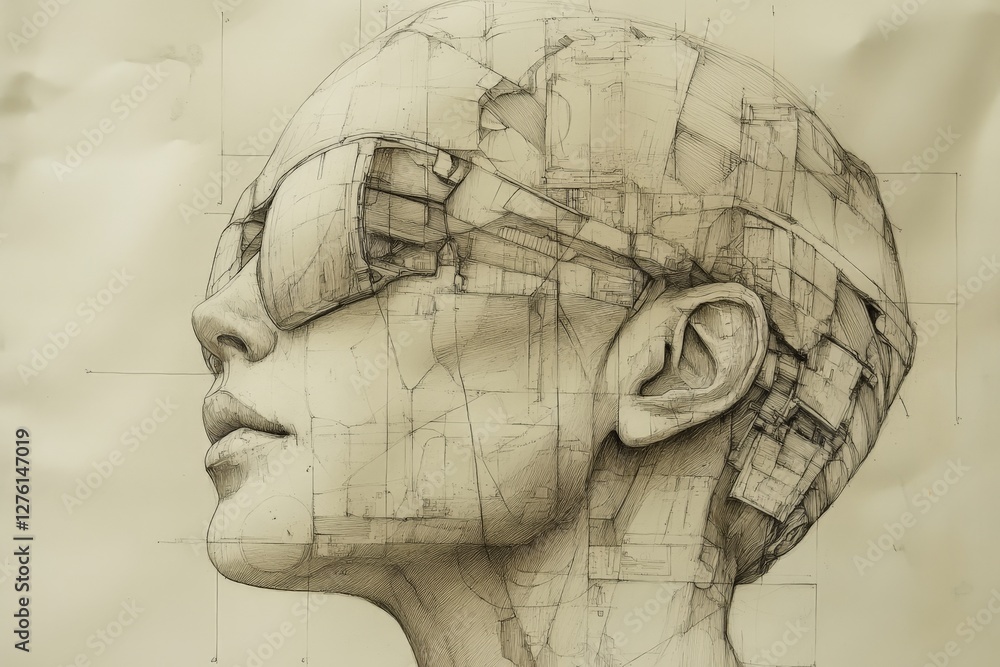 Aufkleber intricate sketch of a futuristic person wearing sunglasses with detailed design elements highlightin