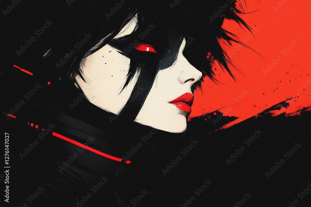Poster Captivating portrait of a character with striking red and black contrasts in an artistic style