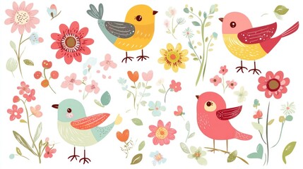 Cute Birds and Flowers Illustration