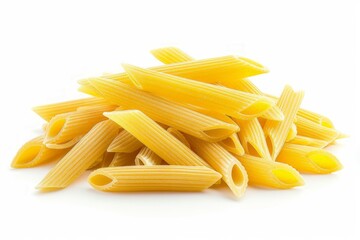 Pile of raw penne pasta on white background. AI image