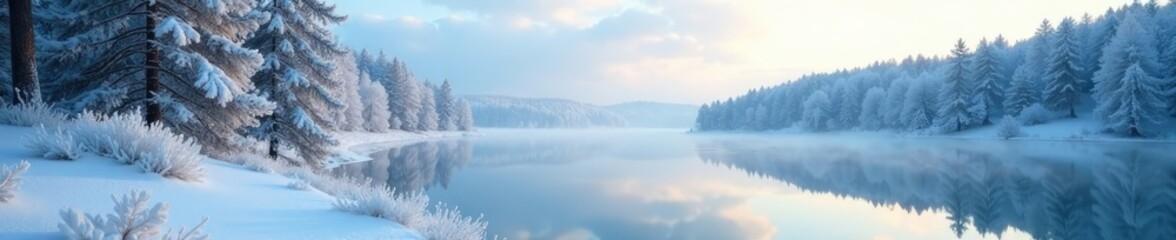 Frozen lake with frost covered leaves and pine trees, snow, frosty