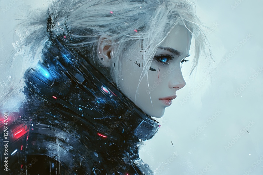Poster futuristic character with cybernetic enhancements poses in a sci-fi setting during a digital art cre