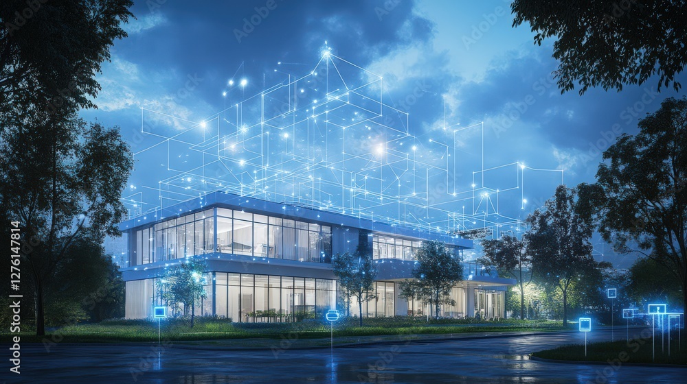 Aufkleber modern building illuminated at night, surrounded by trees with digital network overlay in sky