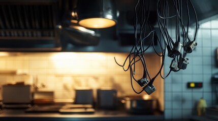 Damaged cables hanging loosely near a power outlet in an industrial kitchen. Featuring wear and damage from constant use
