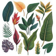 Fototapeta premium realistic of collection of tropical leaves isolated on white background,Lush Tropical Leaves Collection – Realistic Botanical Beauty on White Vibrant tropical leaves and flowers collection.