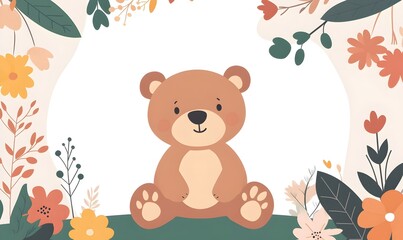 Naklejka premium Cute Bear Surrounded by Flowers and Leaves in Colorful Cartoon Frame Border