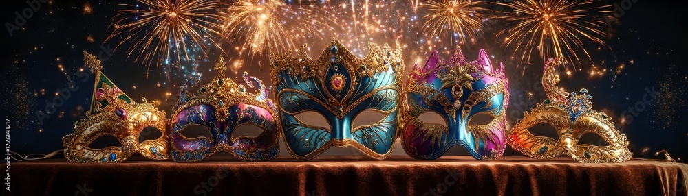 Poster a vibrant display of colorful masks arranged on a table, with a backdrop of sparkling fireworks, cre