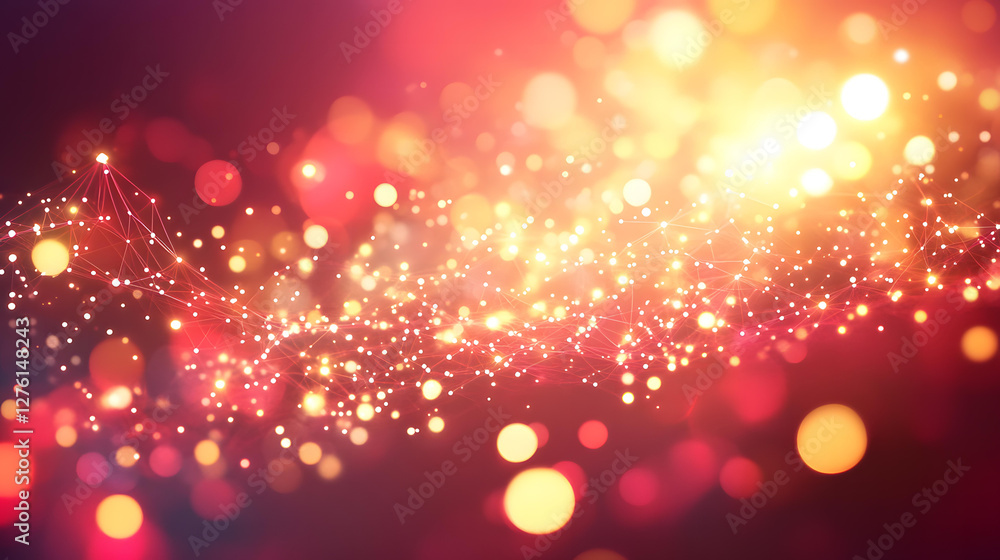 Poster abstract red and gold festive background with sparkling lights and network connections