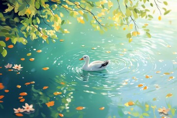 A simple illustration of a white duck swimming in the river