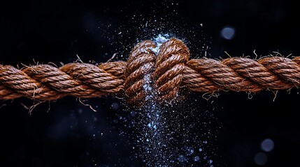 Close-up of a tightly knotted rope being pulled apart, splashing water droplets in a dark setting