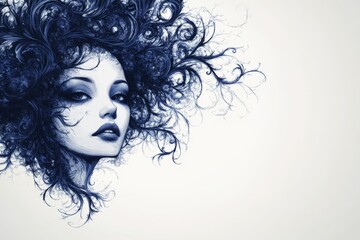 Intricate portrait of a woman with flowing hair and elaborate patterns in blue hues
