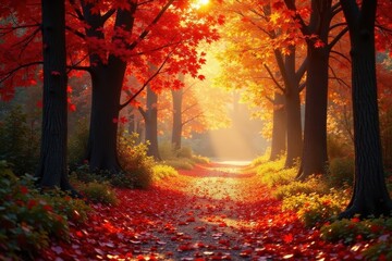 Sun-dappled path, crimson & gold leaves, autumnal glow, scenic, walkway