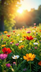 Fototapeta premium Sun-drenched meadow ablaze with colorful wildflowers , botany, wildflowers photography