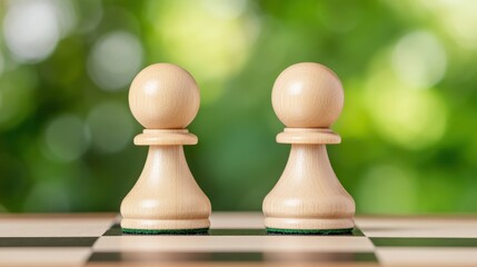Two light brown chess pieces stand on a chessboard against a blurred green background. The pieces are positioned opposite one another, suggesting a