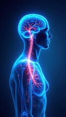 An illustrated human body showing a detailed view of internal organs with emphasis on the brain's blood supply and the nervous system.