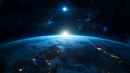 Obraz premium Earth from Space: Blue Planet with Starry Background and Sunrise Glow