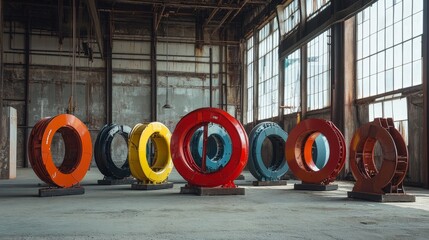 Naklejka premium Colorful industrial sculptures in old warehouse space.