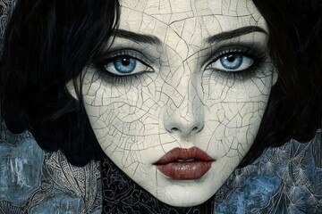 Beautiful portrait of a young woman with striking blue eyes and intricate cracked skin detail