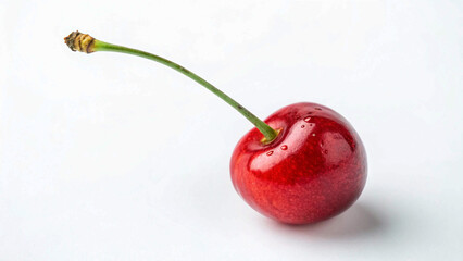 A vibrant red cherry, showcasing its fresh and appealing appearance, against a simple white backdrop