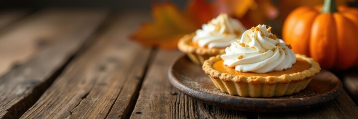 Miniature pumpkin pies on a rustic wooden table, wood, rustic, fall