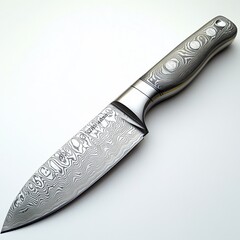 A sharp chef's knife with a Damascus steel pattern, photorealistic, white background