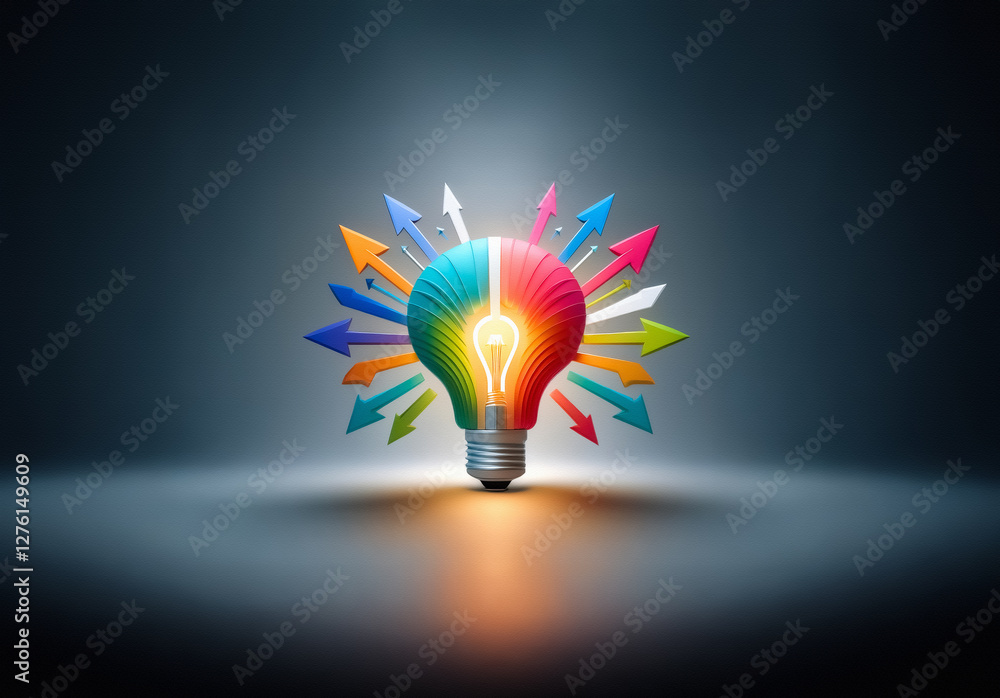 Poster a bright lightbulb, radiating illumination, bursts with colorful arrows pointing in many directions.