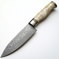 A sharp chef's knife with a Damascus steel pattern, photorealistic, white background