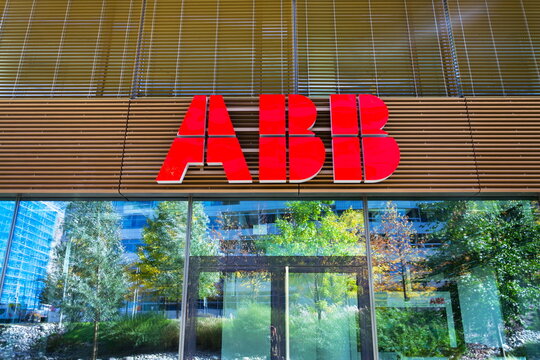 PRAGUE, CZECH REPUBLIC - OCTOBER 14: ABB company logo on headquarters  building on October 14, 2017 in Prague, Czech republic. ABB develops microgrid solution for battery energy storage.