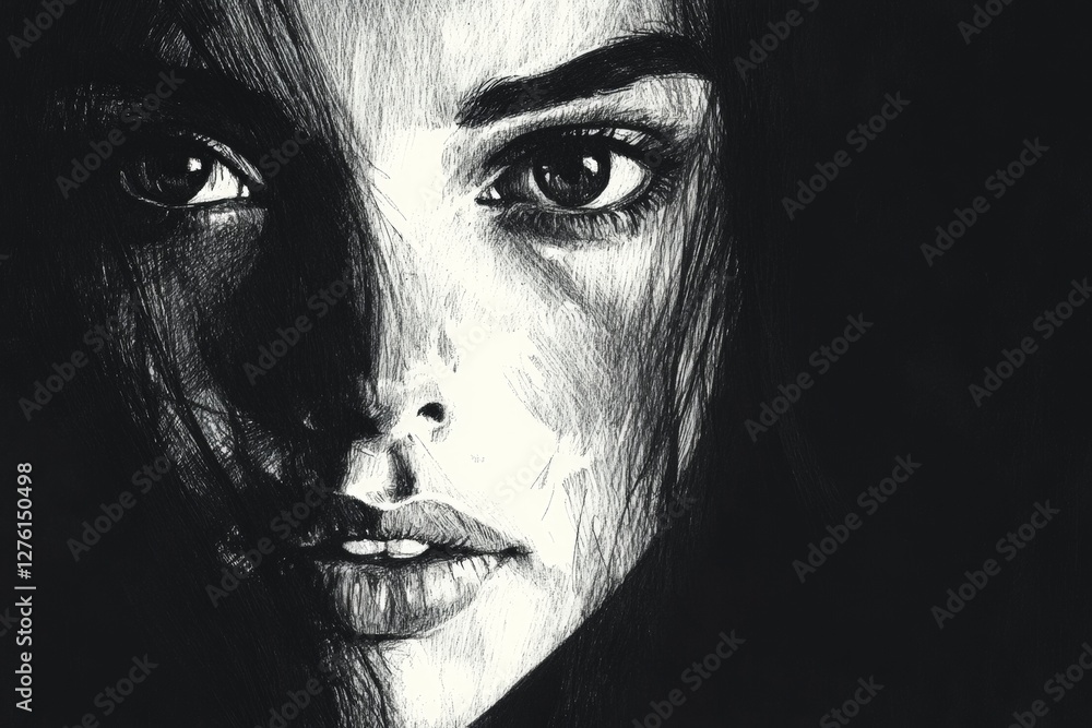 Poster intricate sketch capturing the emotional depth of a woman's face with striking features and detailed