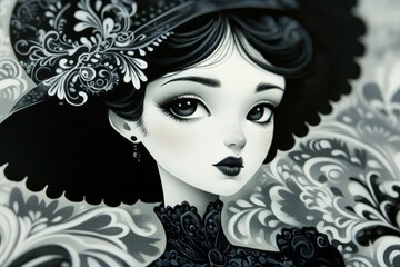 Intricately designed portrait of a woman with vintage attire in black and white featuring ornamental details