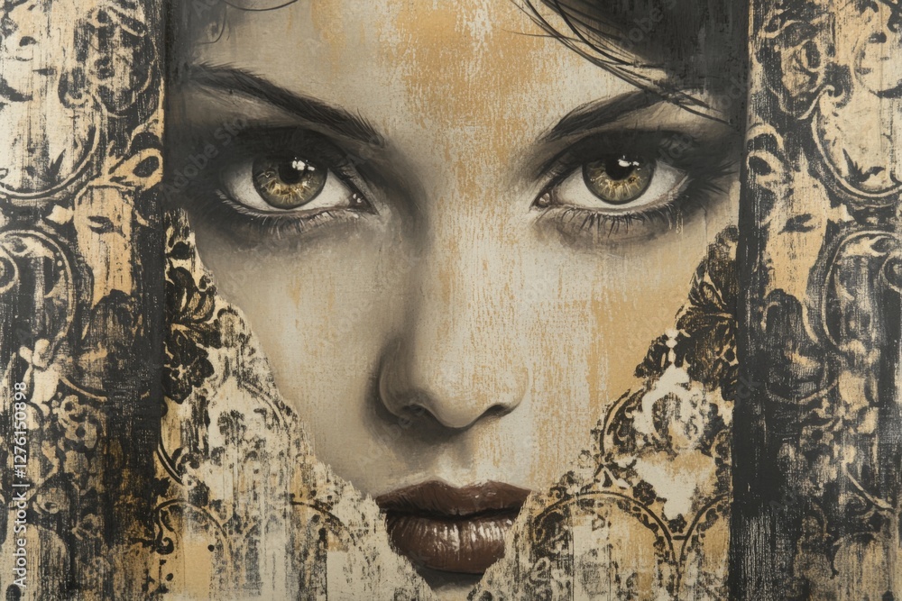 Poster intriguing artwork featuring a captivating face partially obscured by intricate lace patterns