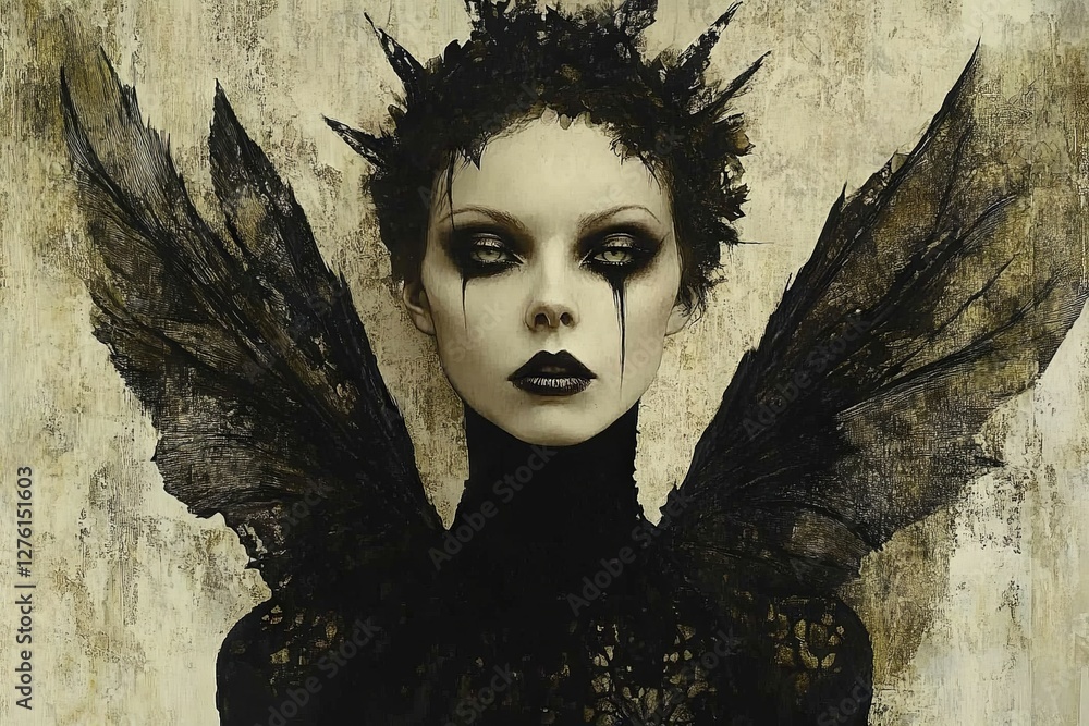 Poster mysterious figure with dark wings and haunting expression set against a textured background