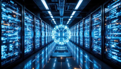 Futuristic Data Center with Digital Elements and Blue Glow in a High-Tech Environment