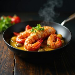 Sizzling hot pan with lobster and garlic butter, aromatic, flavor