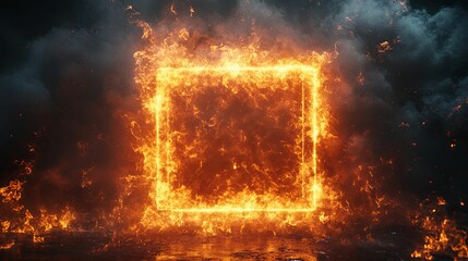 Fiery Square Frame Burning In Dark Smoky Atmosphere