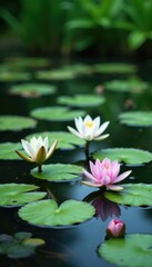 Slow-moving pond with water hyacinth and lily pads, aquatic, water hyacinth, pond