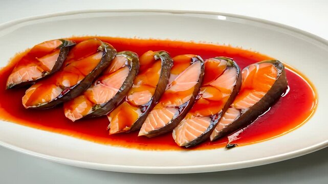 Piece of salmon on white plate. Red slice of fish sauce on a plate. A plate of fish with red and white fish. A slice of salmon on a white dish lifestyle.